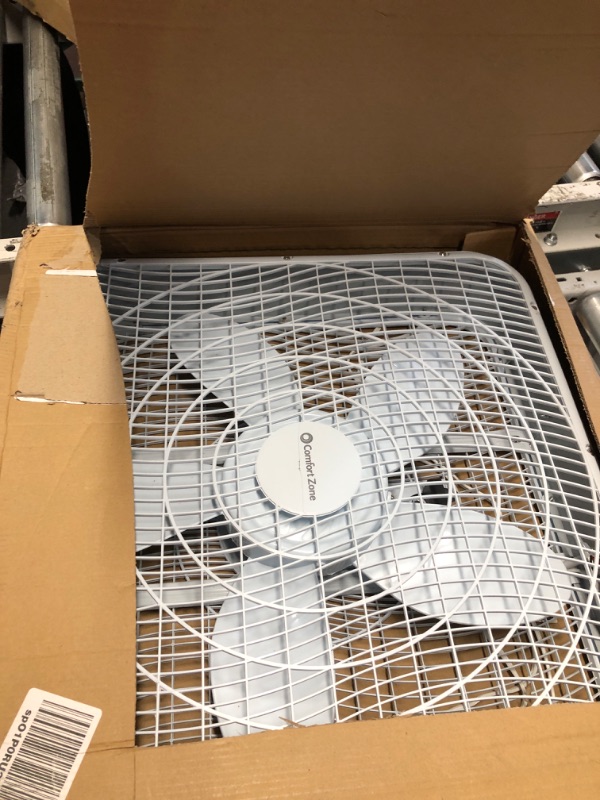 Photo 1 of (BROKEN HANDLE) Comfort Zone Box Fan with Carry Handle, 20 inch, 3 Speed Full-Force Air Circulation Window Fan, Bedroom Floor Fan with 5 Blades, White Noise Cooling Fan, White