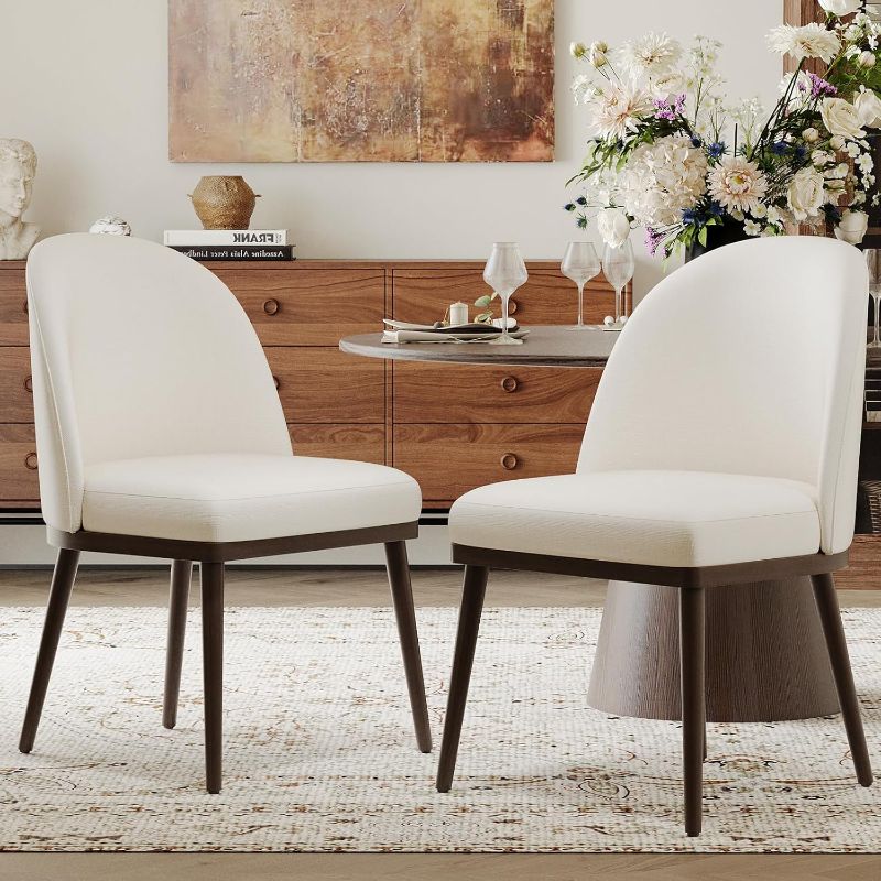 Photo 1 of COLAMY Upholstered Dining Chairs Set of 2, Wooden Dining Room Kitchen Chairs with Wood Frame and Curved Backrest, Modern Fabric Dinner Chairs, Beige