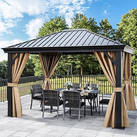 Photo 1 of ***FACTORY SEALED - PRODUCT LARGE***YITAHOME 10X12FT Metal Hardtop Gazebo Outdoor Patio Single Top Canopy Galvanized Iron Aluminum Column Garden Tent Curtains Netting for Backyards Decks Lawns,Brown