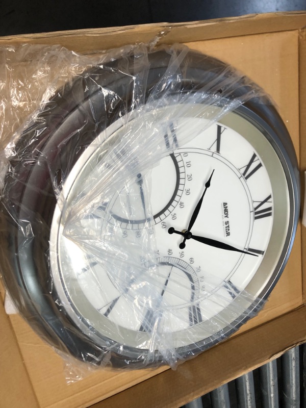 Photo 1 of ANDY STAR 24 Inch Outdoor Clocks Waterproof,Large Outdoor Wall Clocks for Garden Patio Pool, Weatherproof Illuminated Metal Clock Battery Operated with Thermometer&Hygrometer, Silver Non Ticking