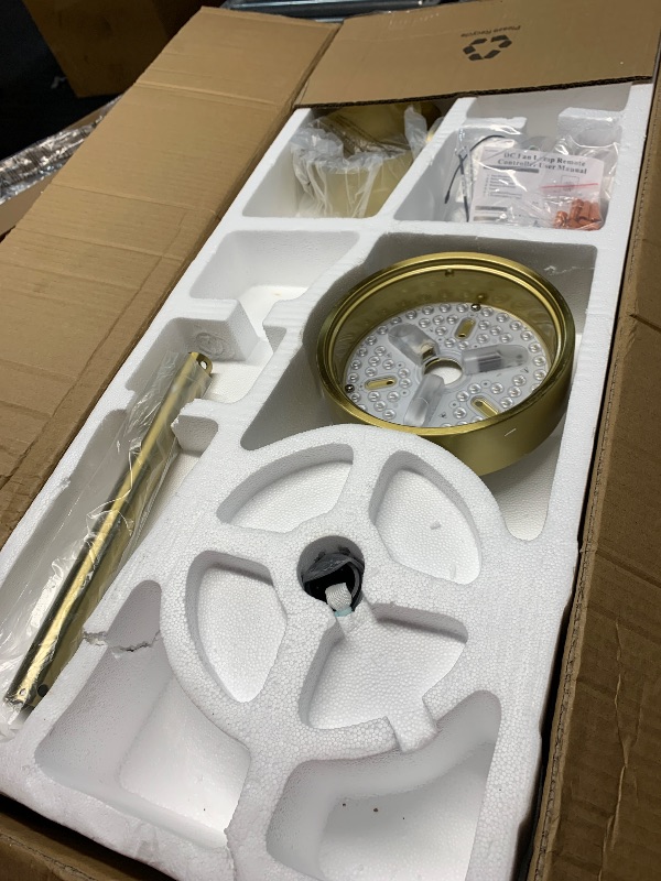 Photo 1 of **PARTS ONLY NON FUNCTIONAL**
WINGBO 64 Inch DC Ceiling Fan with Lights and Remote Control, 5 Reversible Carved Wood Blades, 6-Speed Noiseless DC Motor, Modern Ceiling Fan in Brass Finish with White Blades, ETL Listed