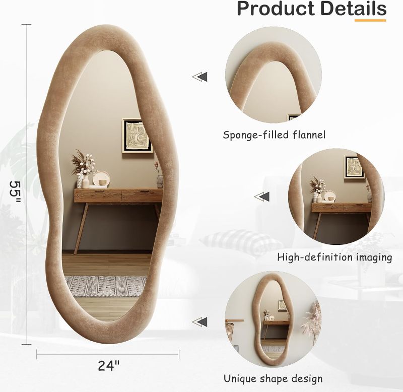 Photo 1 of (FAIR) (MISSING HARDWARE) Honyee 55" x 24" Wall Mirror, Flannel Wrapped Wooden Frame Wavy Mirror, Irregular Mirror Hanging for Cloakroom/Bedroom/Living Room, Milk Tea