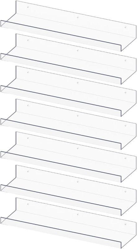 Photo 1 of (MISSING ONE) RLAVBL 7 Pack Acrylic Shelves, 15" Floating Wall Shelves for Bedroom, Living Room, Bathroom, Kitchen Storage