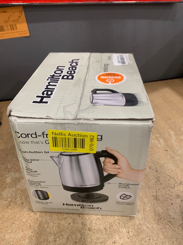 Photo 1 of Hamilton Beach Electric Tea Kettle, Water Boiler & Heater, 1 L, Cordless, Auto-Shutoff & Boil-Dry Protection, Stainless Steel (40998)