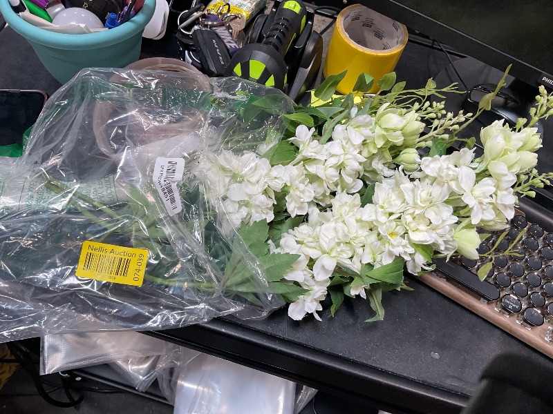 Photo 1 of ICBOX 8PCS White Artificial Delphinium Flowers with Clematis Greenery Long Stem Flowers 29.5" Larkspur Artificial Flowers for Wedding Centerpieces Silk Flowers for Home Decor Indoor (White)
