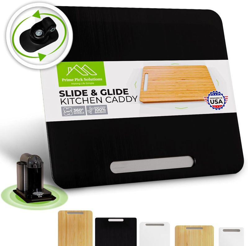 Photo 1 of Appliance Slider 360° Rolling Tray for Coffee Maker- Bamboo Coffee Pot Slider Tray for Countertop Rotation Sliding Tray with Wheels, Appliances Mat Easily from Under The Cabinet White (12.8"×15.8")
