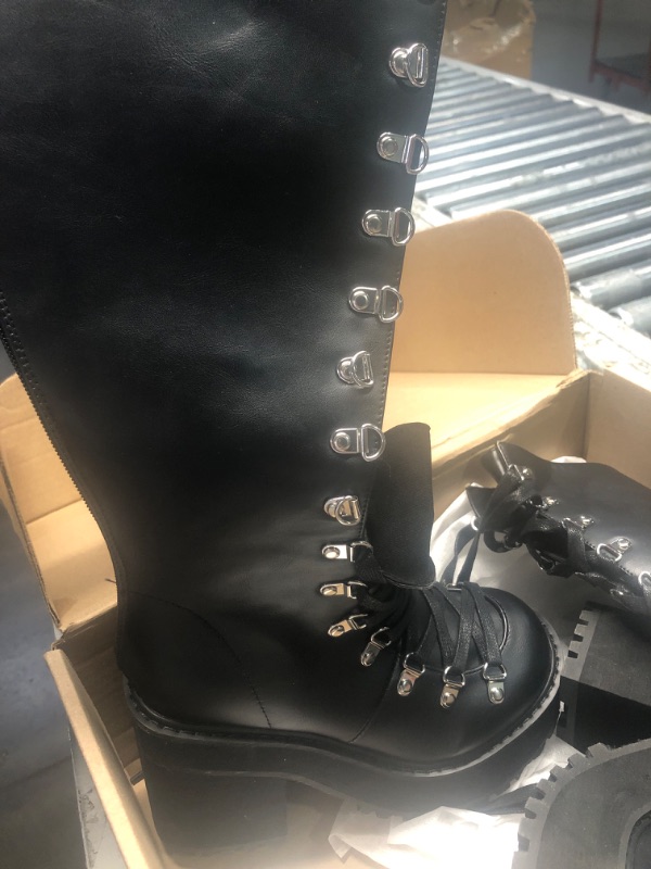 Photo 1 of AMINUGAL Knee High Boots Women Black Wide Calf Wedge Boots Lace Up Goth Boots for Women Chunky Gothic Platform Boots for Women Motorcycle Punk Combat Boots Womens Size 8