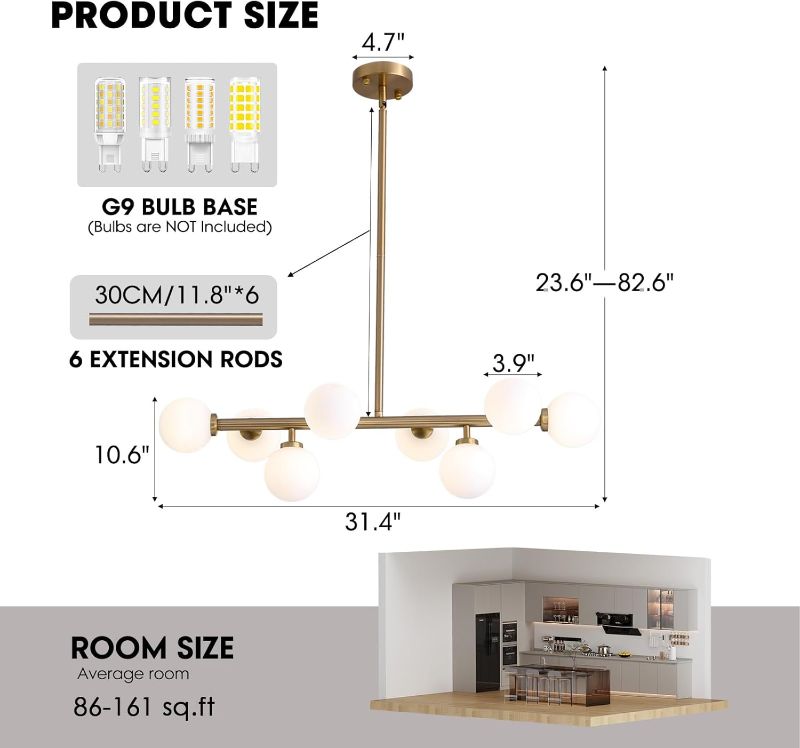 Photo 1 of 7PMBEANE Modern Linear Chandelier, Mid Century Gold Brass Sputnik Pendant Light with White Glass Lampshade,8 Lights Globe Rectangle Chandelier,for Dining Room Kitchen L31.4 xW10.6