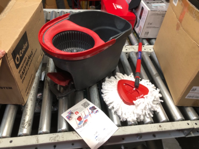 Photo 1 of ***HEAVILY USED AND DIRTY - MISSING PART THAT CONNECTS MOP END TO MOP HANDLE - SEE PICTURES***
O-Cedar EasyWring Microfiber Spin Mop, Bucket Floor Cleaning System, Red, Gray, Standard