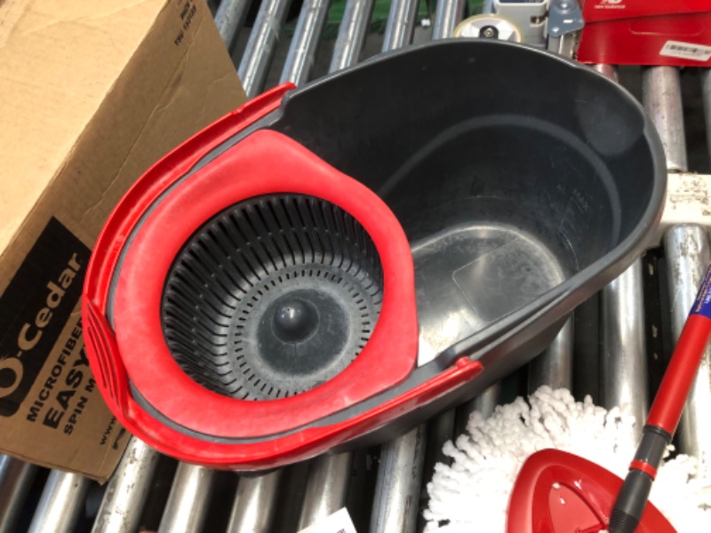 Photo 1 of ***HEAVILY USED AND DIRTY - MISSING PART THAT CONNECTS MOP END TO MOP HANDLE - SEE PICTURES***
O-Cedar EasyWring Microfiber Spin Mop, Bucket Floor Cleaning System, Red, Gray, Standard