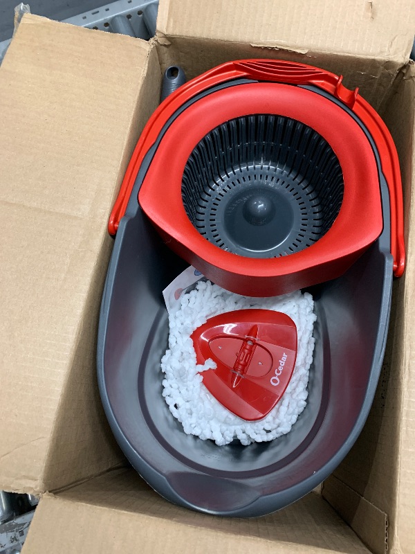 Photo 1 of ***HEAVILY USED AND DIRTY - MISSING PART THAT CONNECTS MOP END TO MOP HANDLE - SEE PICTURES***
O-Cedar EasyWring Microfiber Spin Mop, Bucket Floor Cleaning System, Red, Gray, Standard