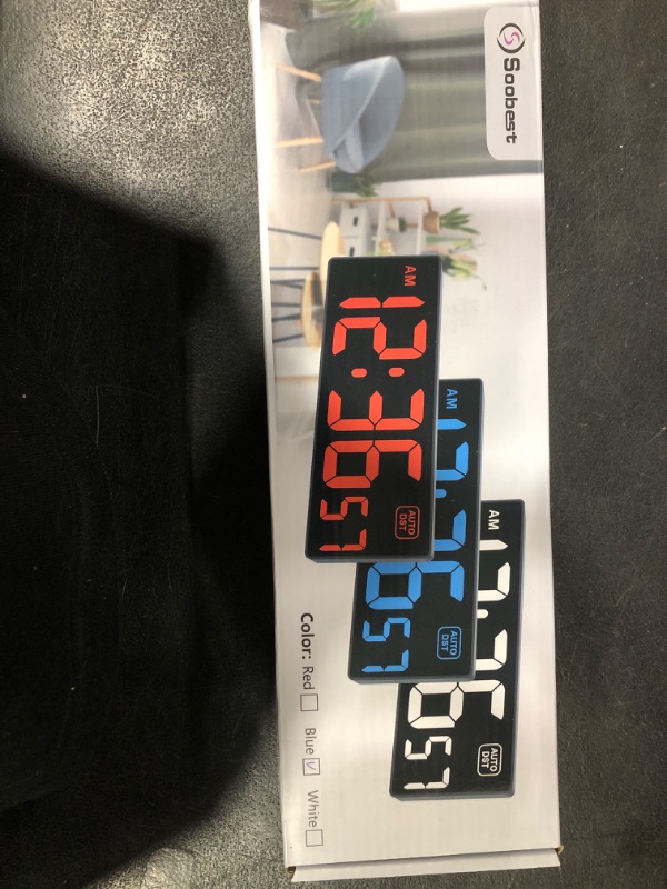 Photo 1 of Soobest LED Wall Clock Digital Clock with Seconds, Electric Plug in Large Big Numbers Clock 5 Dimmers Wall Mount for Living Room, Auto DST, 10 Inches (Blue)