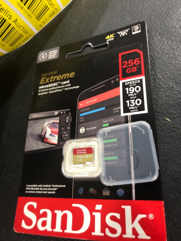 Photo 1 of SanDisk 256GB Extreme microSDXC UHS-I Memory Card with Adapter - Up to 190MB/s, C10, U3, V30, 4K, 5K, A2, Micro SD Card - SDSQXAV-256G-GN6MA