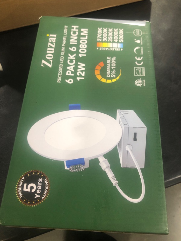 Photo 1 of zouzai 6 Pack 6 Inch 5CCT Ultra-Thin LED Recessed Ceiling Light with Junction Box, 2700K/3000K/3500K/4000K/5000K Selectable, 12W Eqv 110W,Dimmable, led can Lights- ETL and Energy Star Certified