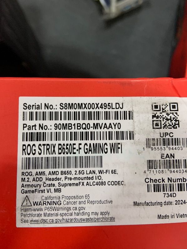 Photo 1 of ASUS ROG Strix B650E-F Gaming WiFi AMD B650 AM5 Ryzen™ Desktop 9000 8000 & 7000 ATX Motherboard, 12+2 Power Stages, DDR5, 3X M.2 Slot, PCIe® 5.0, WiFi 6E, 2.5G LAN, USB 3.2 Gen 2x2 Type-C®, Aura Sync