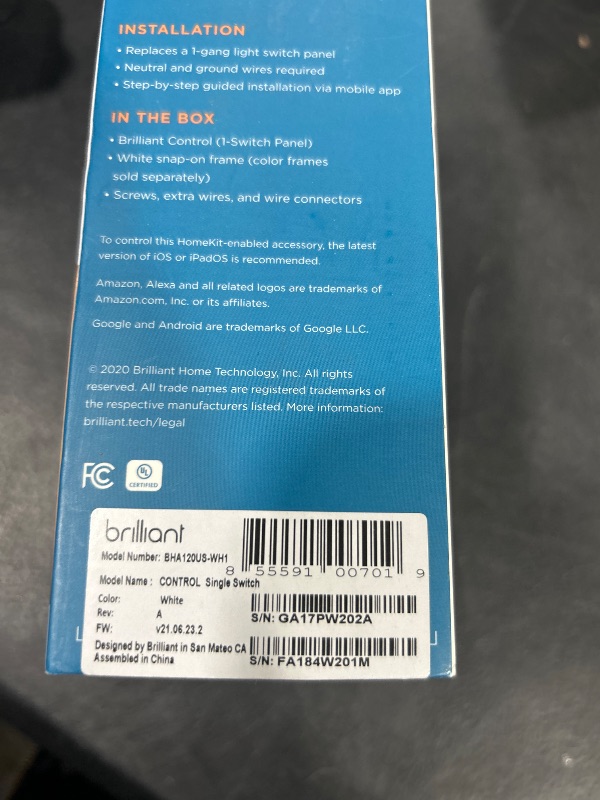Photo 1 of Brilliant Smart Home Control (1-Switch Panel) — Alexa Built-In & Compatible with Ring, Sonos, Hue, Google Nest, Wemo, SmartThings, Apple HomeKit — In-Wall Touchscreen Control for Lights, Music, & More