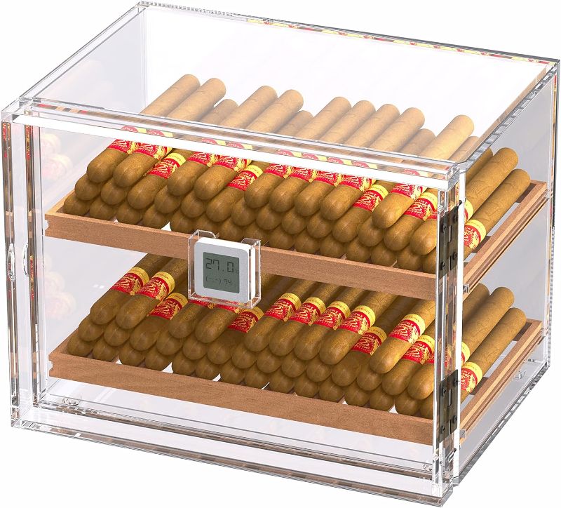 Photo 1 of Humidor Cigar Box 2 Layers Storage Cigar Humidors, Portable Acrylic Desktop Cigar Cabinet, Hygrometer Holds up to150 Cigars (Double Shelves) Valentine's Day Best Gifts for Men