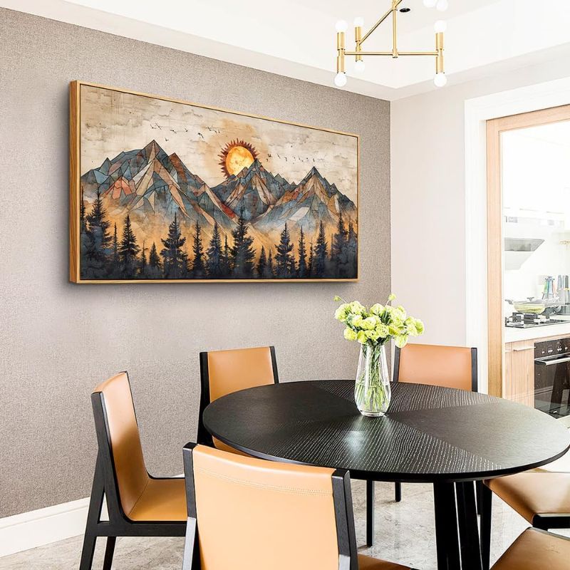 Photo 1 of Wood Framed Wall Art for Living Room Canvas Wall Decor for Bedroom Office Decorations Abstract Boho Wall Paintings Mountain Landscape Wall Pictures Modern Home Decor Artwork 
