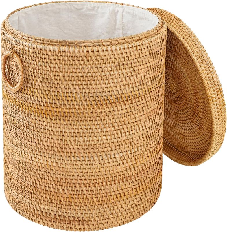 Photo 1 of 17.7"×15.7"×15.7" Rattan Laundry Basket With Handle, Rattan Laundry Hamper With Liner Bag, Round Wicker Large Hampers For Organizing Clothes Kids Toys Books
