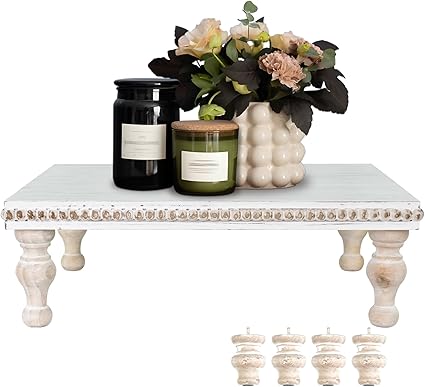 Photo 1 of MAONAME Wood Display Risers Decorative tray, Farmhouse Pedestal Stand for Display Home Decor, Vintage White Beaded Wooden Tray for Kitchen Counter, Short and Tall Footed