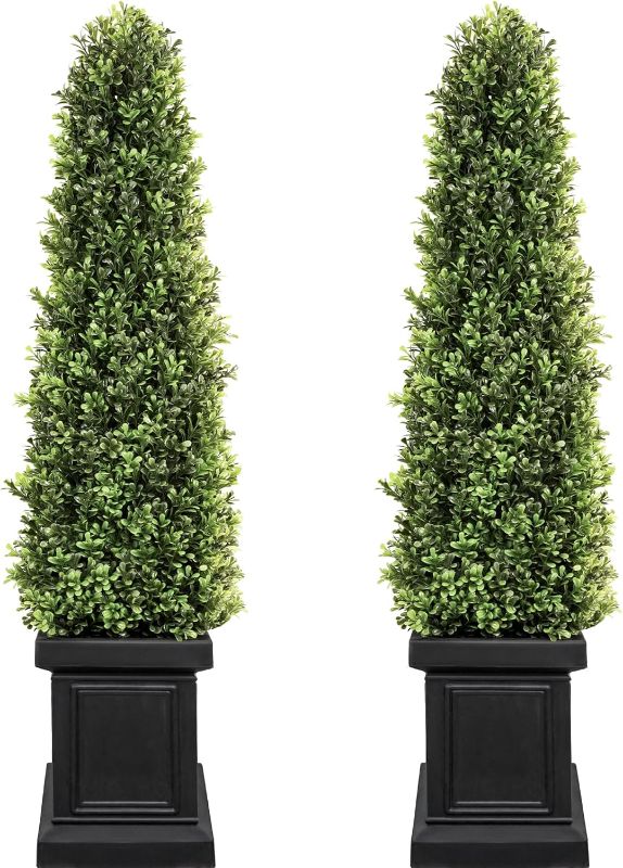 Photo 1 of 3.5ft Boxwood Outdoor Topiary Set of 2, Tall All Year Green Fake Plant Topiary Trees Artificial Outdoor Porch Trees with Sturdy Pot for Outdoor Indoor (Square)