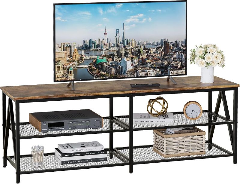 Photo 1 of TV Stand for TV up to 65 Inch, Long 55" TV Cabinet with 3-Tier Storage Shelves,Entertainment Center TV Console Table for Living Room with Industrial TV Metal Frame, Rustic Brown
