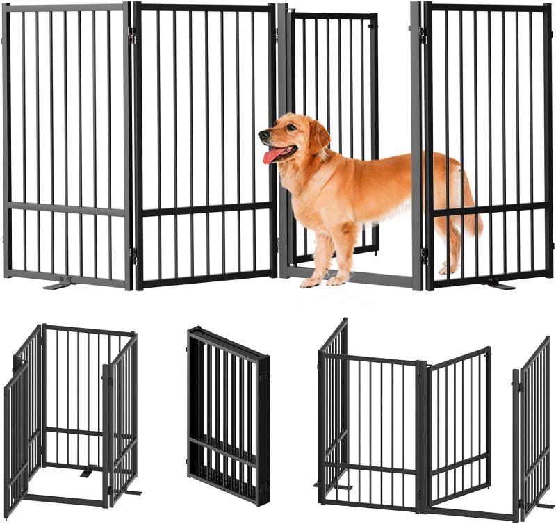 Photo 1 of Full Metal Freestanding Dog Gate with Door, 32''Height Foldable Pet Dog Fence for Indoor & Outdoor, 4 Panels Extra Wide Free Standing TallDog Gates for Doorways,House,Stairs,Porch,Deck,Yard
