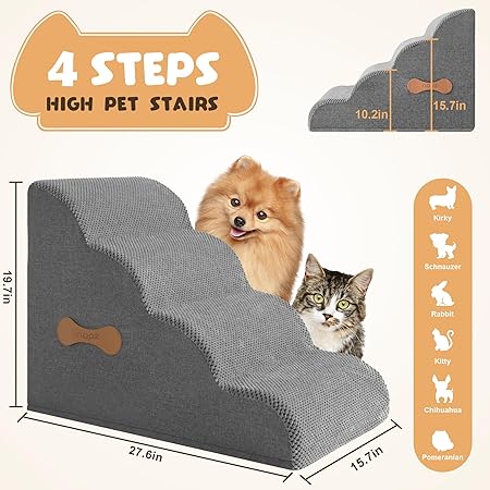 Photo 1 of Dog Stairs for Small Dogs, High Density Foam Dog Steps for High Bed Couch 4 Tiers Pet Stairs with Non-Slip Bottoms for Old Cats, Injured Doggies and Puppies Dog Ramp with Waterproof Fabric Cover