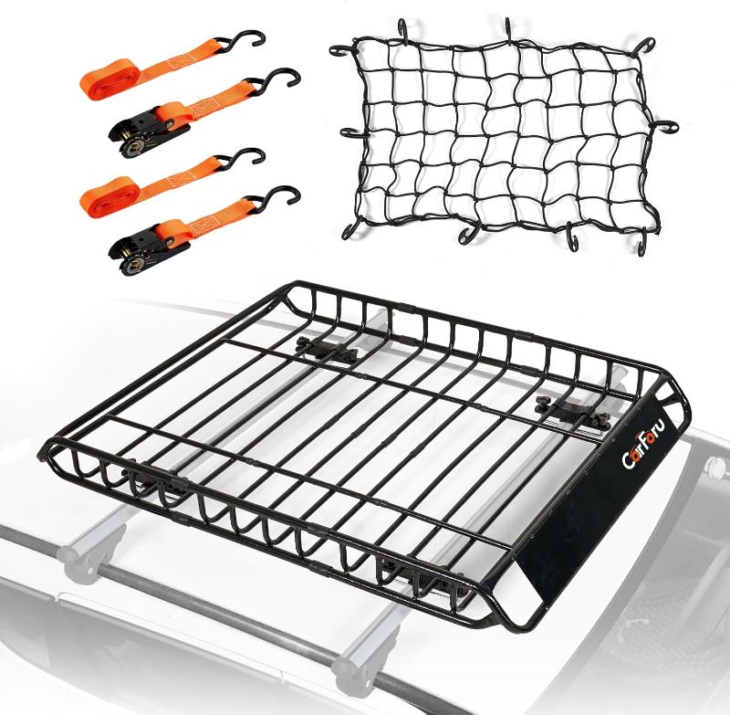 Photo 1 of Roof Rack Basket 51? X 36? X 5? Universal Rooftop Cargo Basket, 250LB Heavy Duty Cargo Basket Car Roof Basket for SUV, Truck, Cargo Net with Attachment Hooks, 2pcs Ratchet Straps
