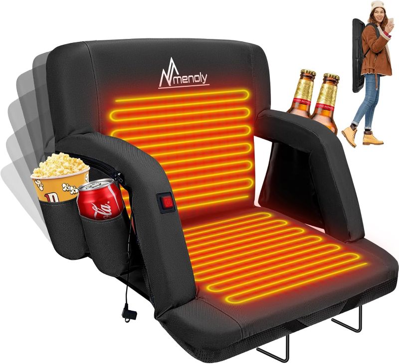 Photo 1 of MENOLY 25" Heated Stadium Seats for Bleachers with Back Support, 2 Large Heating Area, 3 Heat Level, 6 Reclining Position, Heated Bleacher Seat with Back and Cushion for Sports Events, Outdoor
