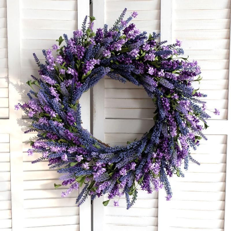 Photo 1 of 24 Inch Purple Lavender Flower Wreath for Front Door, Spring Summer Forsythia Lavender Flowers Wreath for Indoor and Outdoor Decor, Rustic and Farmhouse Purple for Home