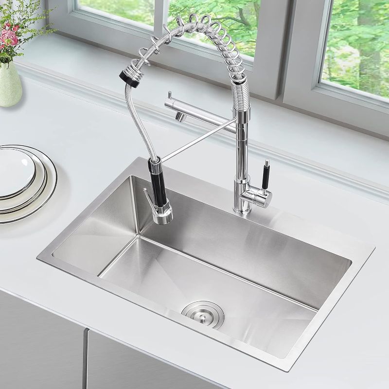 Photo 1 of  28 Inch Drop-in Kitchen Sink, 304 Stainless Steel Topmount Handmade Kitchen Sink, Single Bowl Workstation Sink with Drain Kit 