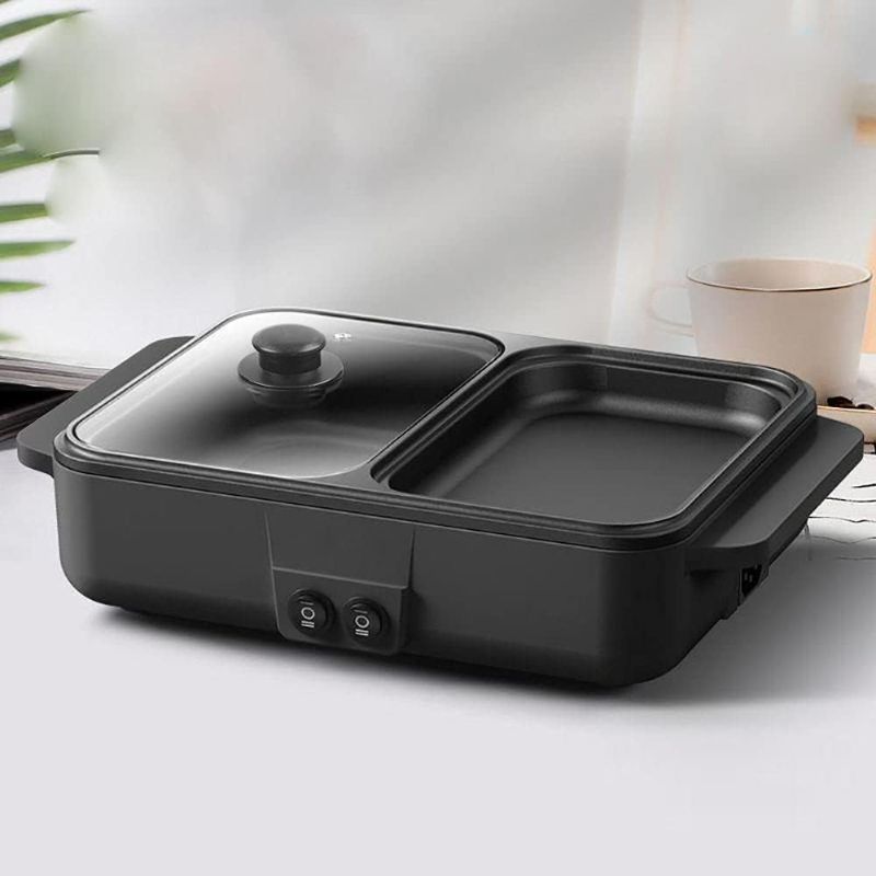 Photo 1 of 2-in-1 Electric Grill with Hot Pot 1200W 110V, Portable Electric Hot Pot Barbecue Grill Non-Stick Teppanyaki Pan Indoor Multifunctional Hot Pot Split-Design Baking Tray (Black)