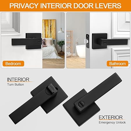 Photo 1 of 4 Pack Matte Black Door Handles Privacy Door Levers, Keyless Interior Door Knobs Square Door Levers Heavy Duty Door Locks for Bedroom Bathroom, Reversible Flat Levers