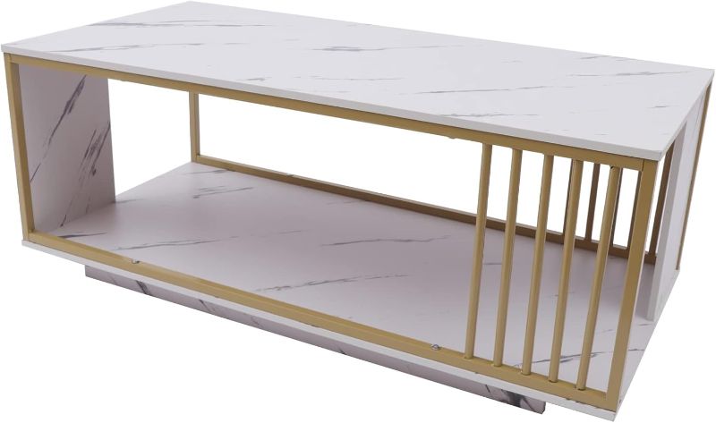 Photo 1 of Modern Coffee Table 39.4 Inch Faux White Marble Print Living Room Furniture with Gold Metal Frame and Storage Shelf, 2 Tier Living Room Rectangular Center Tea Table, Simple Assembly
