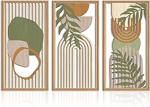 Photo 1 of IARTTOP Large Abstract Geometric Wood Wall Art Framed Boho Wall Art Set Of 3 Mid Century Modern Wall Art Neutral Wall Decor For Bedroom Living Room Office-16 x32