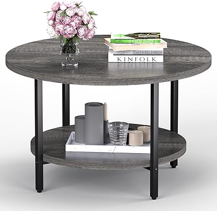 Photo 1 of Round Coffee Table, 27.5" Small Coffee Tables, 2-Tier Modern Center Table for Living Room, Office, Home, Outdoor Metal Table, Dining End Tables, Gray