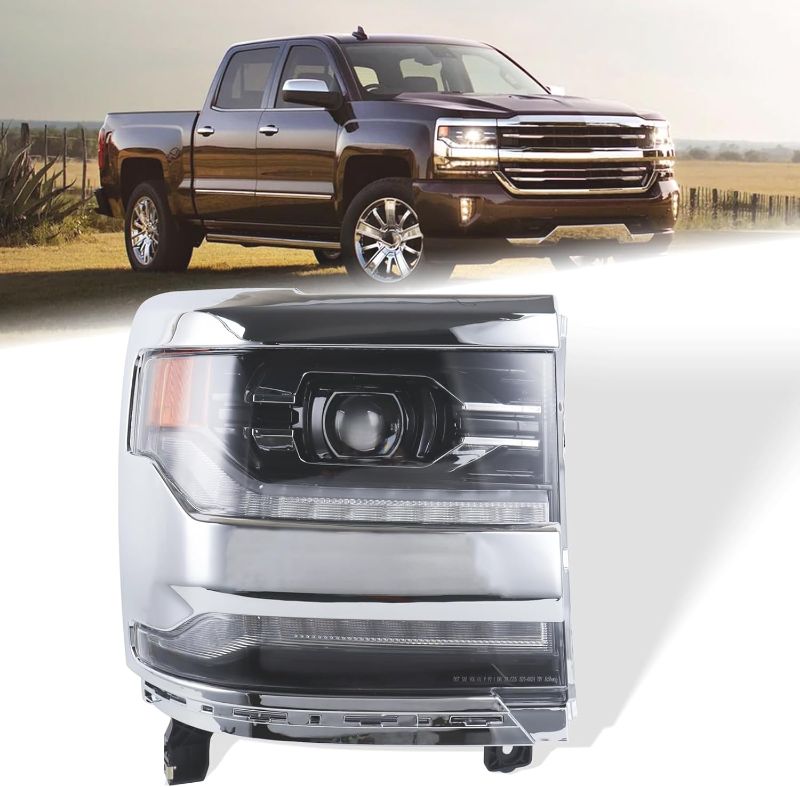 Photo 1 of RH Chrome Full LED DRL Projector Headlight Fit for 2016 2017 2018 Chevy Silverado 1500 2019 Silverado 1500 LD Headlamp Assembly Right Passenger Side GM2503452 84292721
