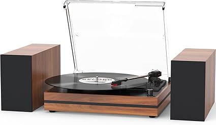 Photo 1 of Vintage Record Player with External Speakers Belt-Drive Turntable for Vinyl Records Dual Stereo Speakers LP Players Support 3 Speed 3 Size Wireless Playback AUX Headphone Input Auto Stop Wood Red