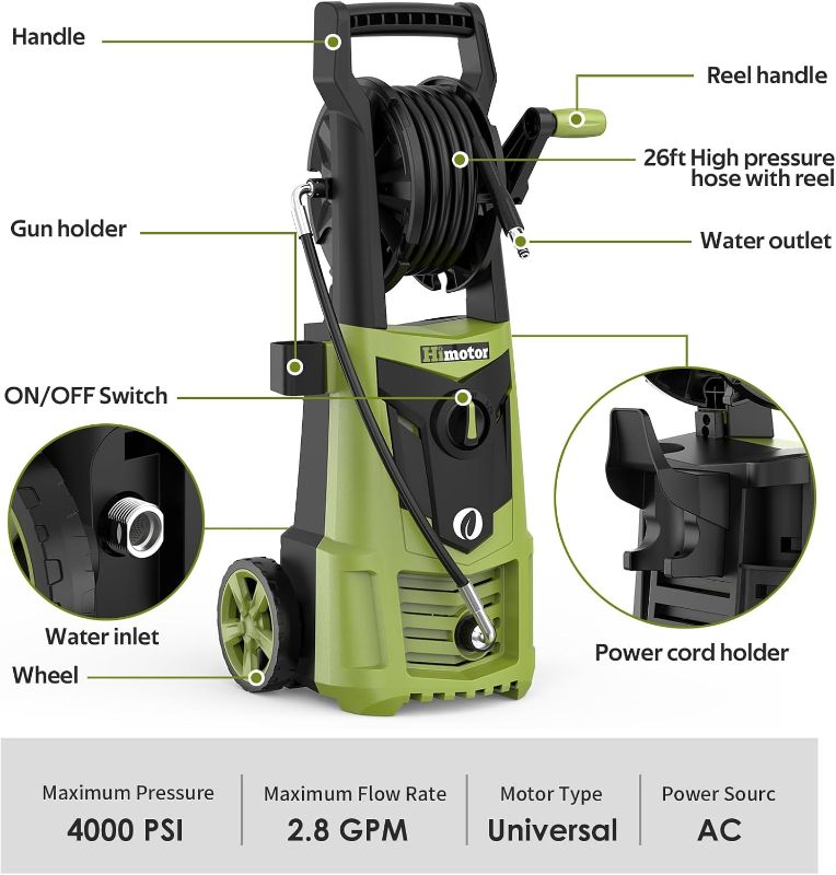 Photo 1 of Pressure Washer, Electric Power Washer with 5 Quick Connect Nozzles & 500ml Foam Cannon, High Pressure Washer with 26FT Hose and 35FT Power Cord for Cars, Fences, Patios Cleaning, 4000PSI 2.8GPM