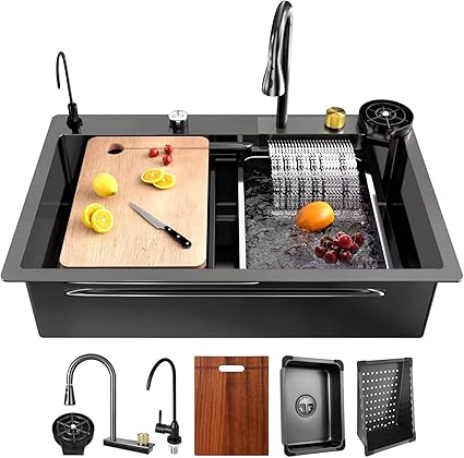 Photo 1 of Nano Kitchen Sink Stainless Steel Waterfall Sink Single Bowl Workstation, 80x45cm, Black.Black-