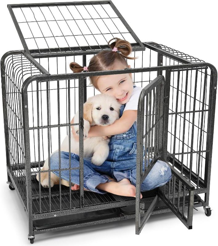 Photo 1 of 37 Inch Dog Crates for Small Medium Dogs Pets Indoor, Indestructible Enhanced Cage Kennel with 3 Doors, Lockable Wheels and Removable Tray, Heavy Duty Escape Proof Carrier, 37 x 25 x 33 Inch