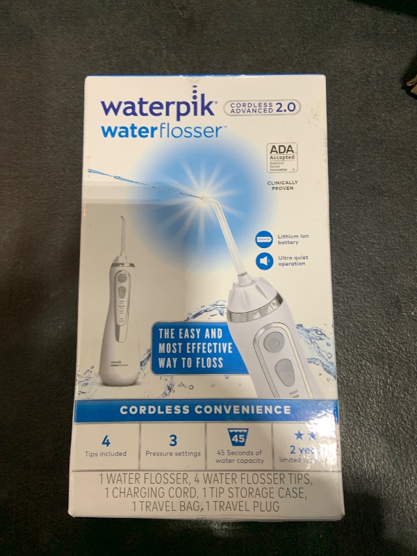 Photo 1 of Waterpik Cordless Advanced 2.0 Water Flosser For Teeth, Gums, Braces, Dental Care With Travel Bag and 4 Tips, ADA Accepted, Rechargeable, Portable, and Waterproof, White WP-580, Packaging May Vary