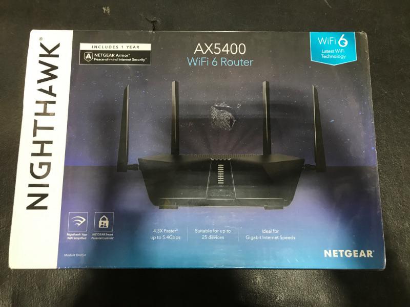 Photo 1 of NETGEAR Nighthawk 6-Stream Dual-Band WiFi 6 Router (RAX54S) – Security Features, AX5400 Wireless Speed, Up to 5.4 Gbps, Covers up to 2,500 sq. ft., 25 Devices - 1-Year Armor Subscription Included