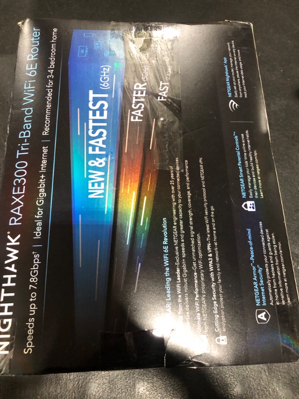Photo 1 of NETGEAR Nighthawk Tri-Band WiFi 6E Router (RAXE300) - Security Features, AXE7800 Wireless Gigabit Speed (Up to 7.8Gbps), New 6GHz Band, 8-Streams Cover up to 2,500 sq. ft., 40 Devices