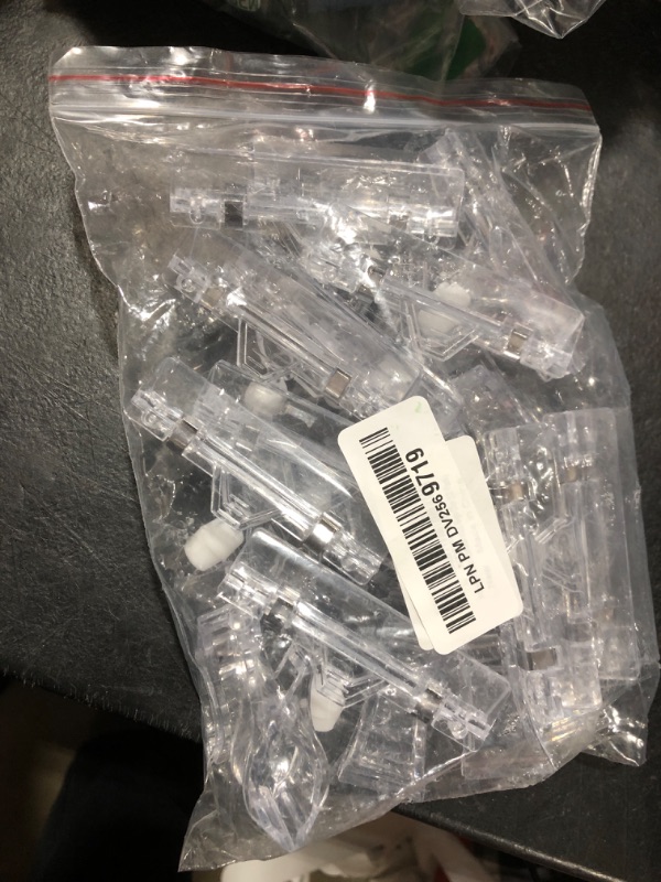 Photo 2 of Clear Sign Clips on Merchandise Display 12 Pack Plastic Label Pop Clips on Sign Holder Shelf Double Sided Swivel Price Tag Clips on Clothing Rack Signs Rotatable Menu Clips for Sale Retail Display