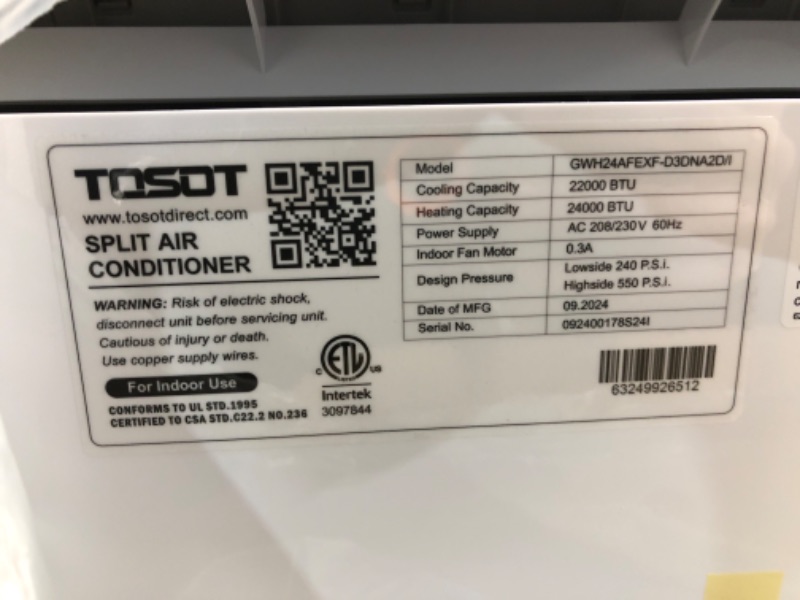 Photo 1 of **NON-REFUNDABLE, PARTIAL SET, BOX 1 OF SET***TOP UNIT PORTION ONLY***
TOSOT 24,000 BTU Mini Split Air Conditioner, WiFi Enabled Ductless Inverter AC Unit Heating System, Compatible with Alexa-22 SEER2 230V, White
