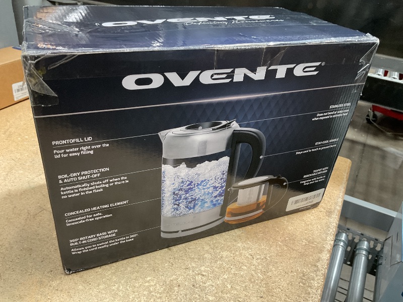 Photo 1 of (USED/FAIR) OVENTE 1.7L Electric Kettle and Tea Maker Pot Combo, 1500W BPA Free Water Boiler and Heater with 27oz Borosilicate Glass Teapot, Removable Stainless Steel Infuser for Brewing, Silver KG612S + FGK27B