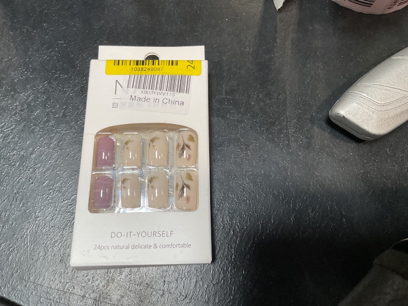 Photo 1 of 24 Pcs Fall Press on Nails Square Medium RIICFDD Fake Nails Mist Purple Full Cover Glue on Nails with Gold Foil Leaf Designs Glossy Thanksgiving Nails Three Colors False Nails for Women