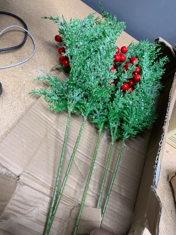 Photo 1 of 6pcs Snowy Artificial Cedar Picks, 19.5" Frosted Faux Cedar Spray Branches with Red Berry & Ring Bell Plastic Christmas Cypress Greenery Pine Stems for DIY Garland Christmas Tree Holiday Decor